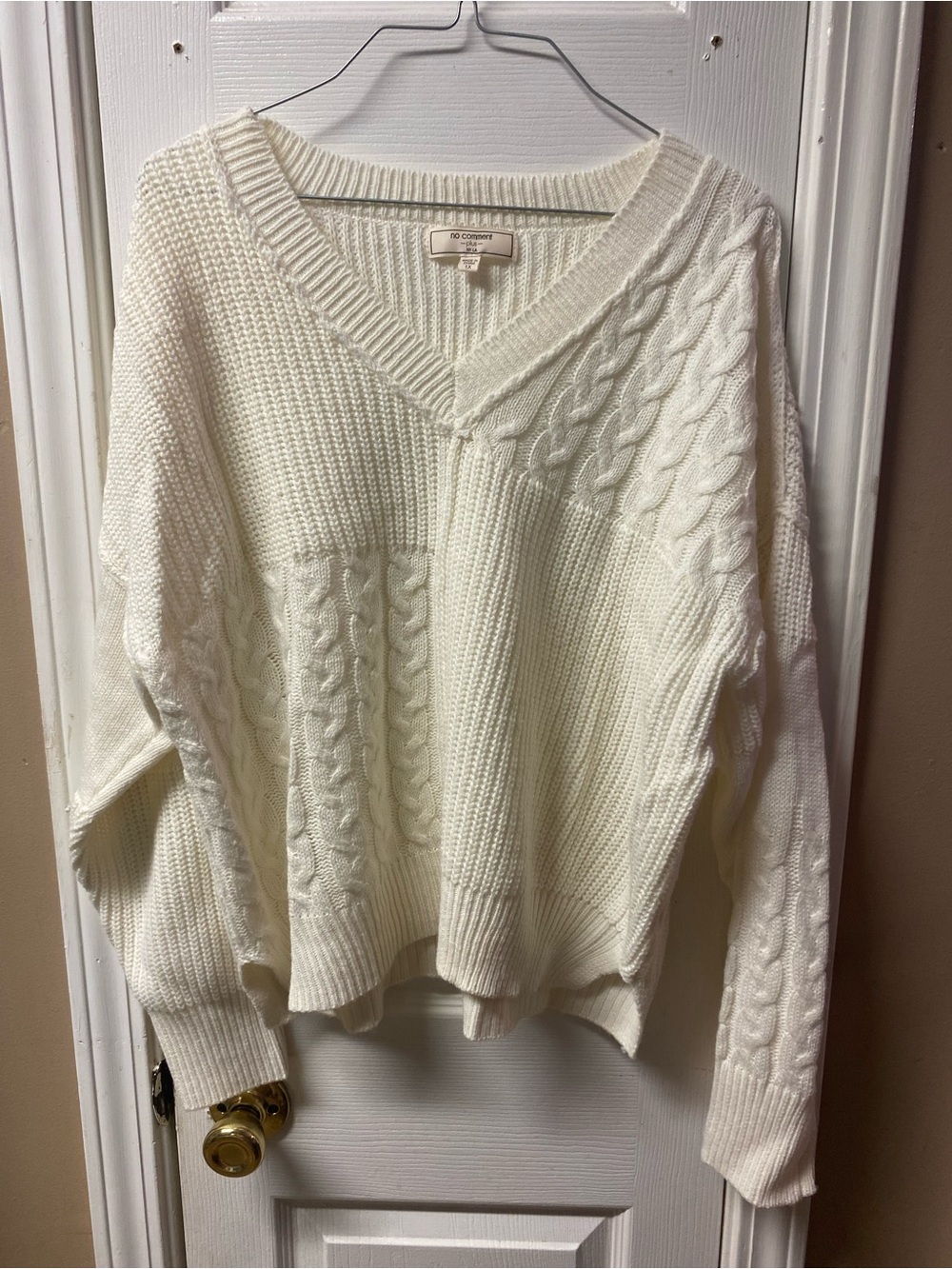 White Cable-Knit V-Neck Sweater